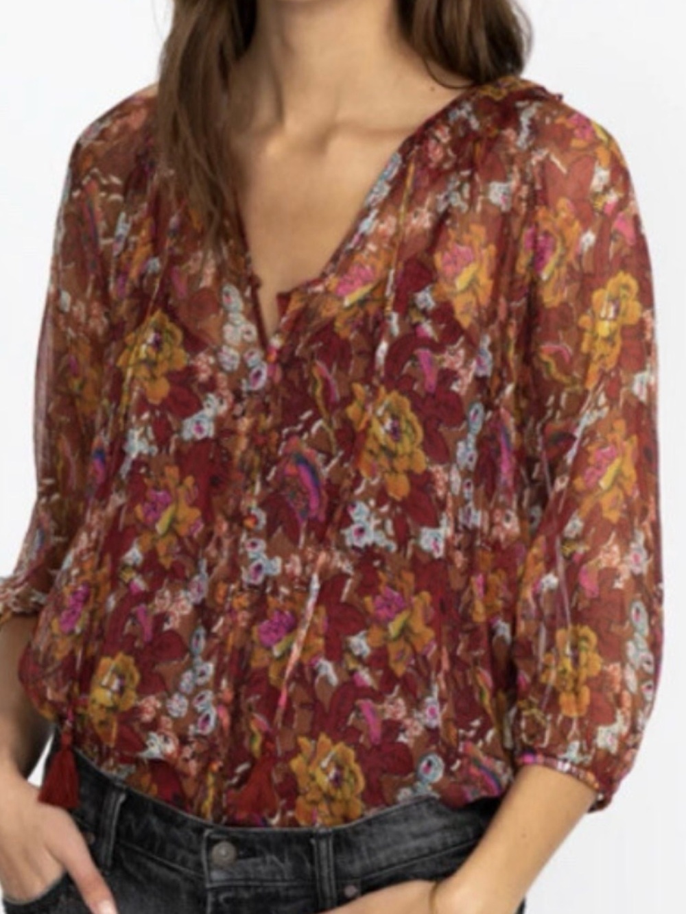 Johnny Was Micah 100% Silk Blouse, NWT, large, Tassels